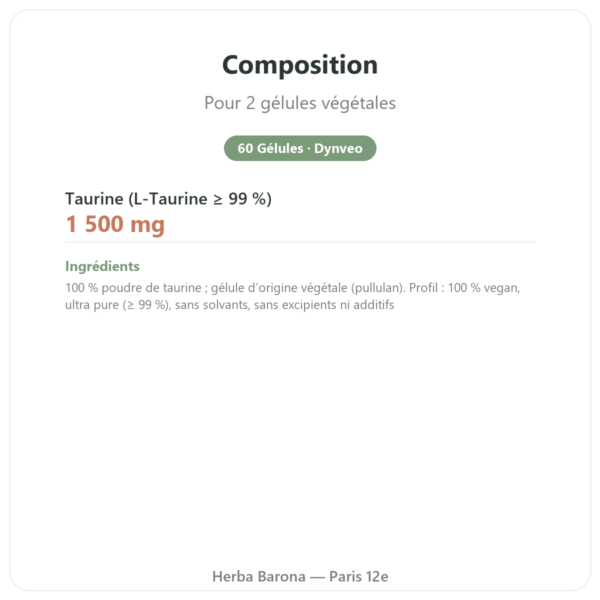 Taurine – Dynveo – 60 Gélules composition valeurs nutritionnelles Paris Herba Barona