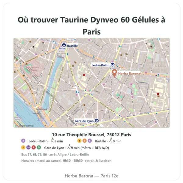 Ou trouver Taurine Dynveo 60 Gélules a Paris - plan boutique Herba Barona Paris 12e