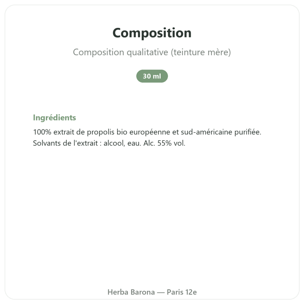 Teinture mere Propolis concentrée Propolia 30ml composition valeurs nutritionnelles Paris Herba Barona