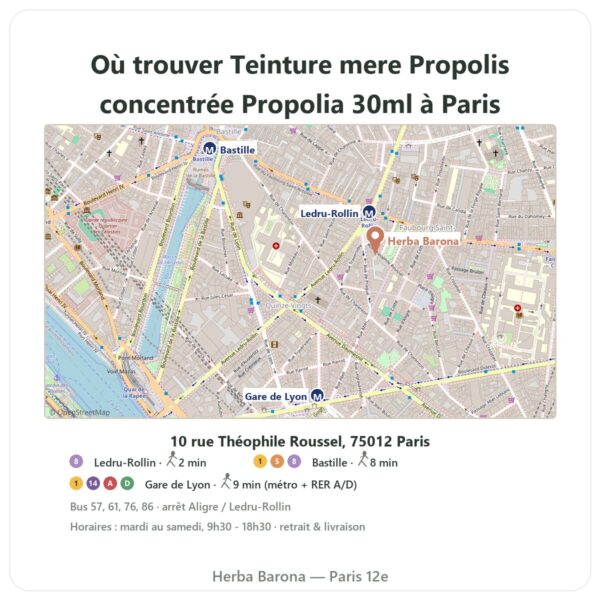 Ou trouver Teinture mere Propolis concentrée Propolia 30ml a Paris - plan boutique Herba Barona Paris 12e