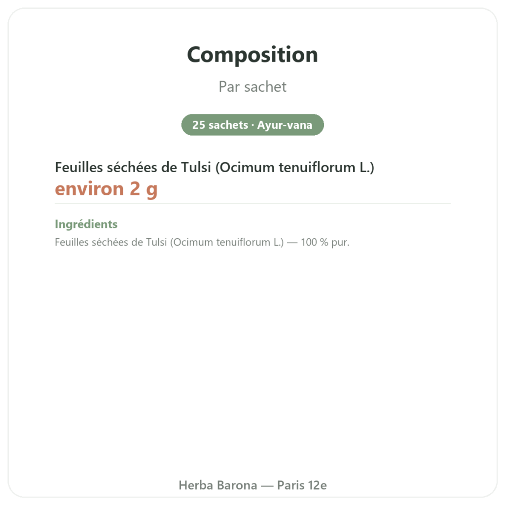 Tisane Tulsi Bio 25 sachets Ayur-vana composition valeurs nutritionnelles Paris Herba Barona