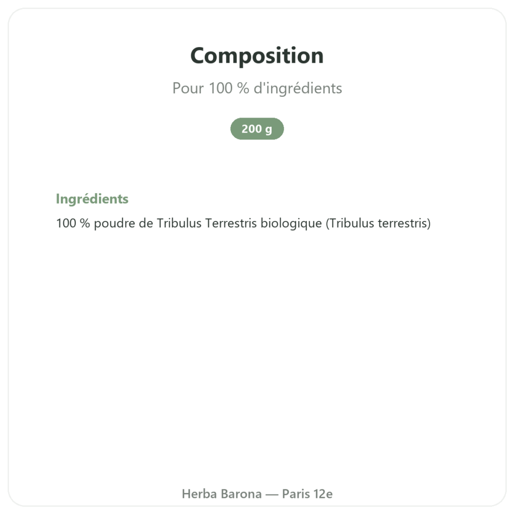Tribulus Terrestris Bio en poudre 200g – Premium – Vegetopie composition valeurs nutritionnelles Paris Herba Barona