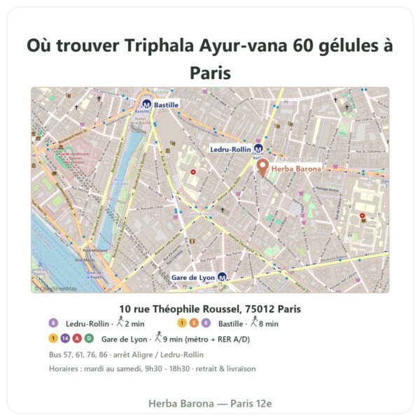 Ou trouver Triphala Ayur-vana 60 gélules a Paris - plan boutique Herba Barona Paris 12e