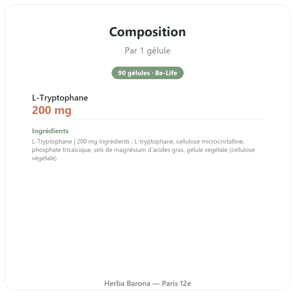 Tryptophane 200 mg – Be-Life – 90 gélules composition valeurs nutritionnelles Paris Herba Barona