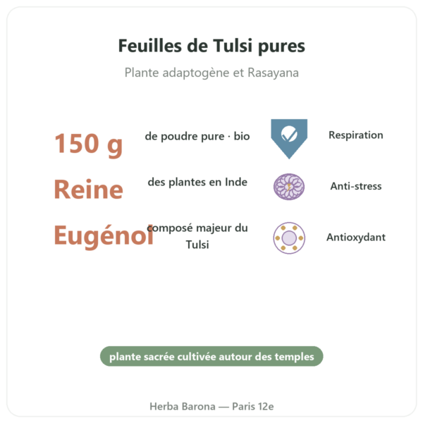 Tulsi bio (basilic sacre) - Sachet de poudre - 150 g - Ayur-vana bienfaits et chiffres Paris Herba Barona