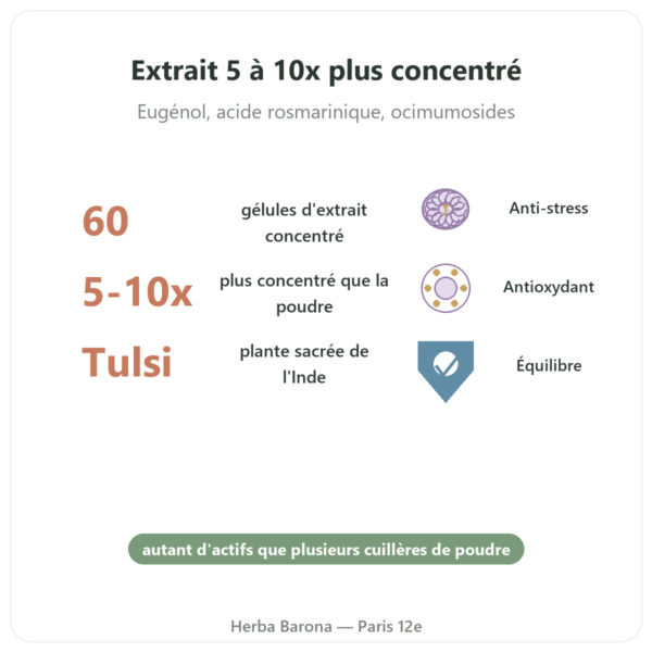 Tulsi Extrait Bio (basilic sacré) 60 gélules Ayur-vana bienfaits et chiffres Paris Herba Barona