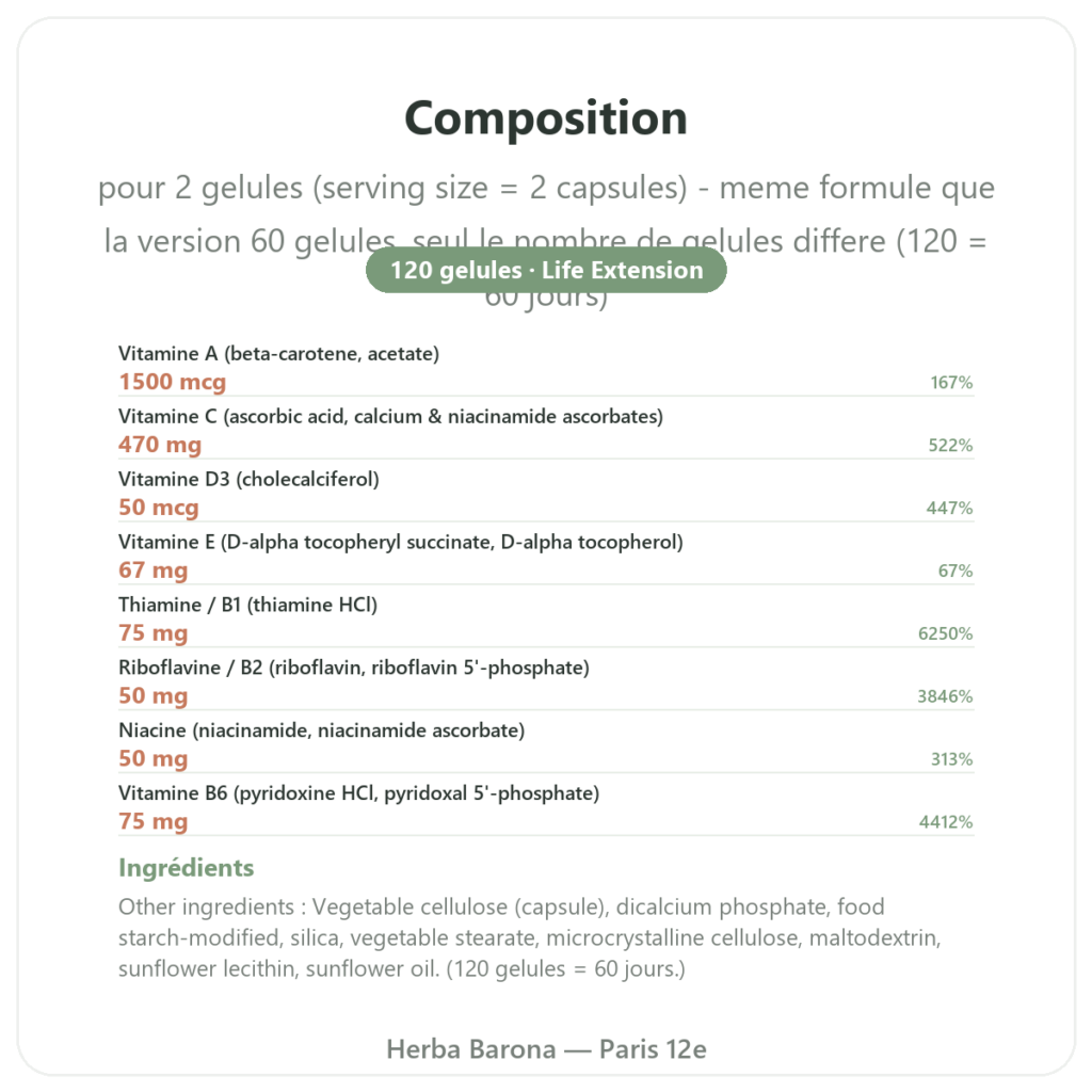 Two-Per-Day Multivitamines – Life Extension – 120 gélules composition valeurs nutritionnelles Paris Herba Barona