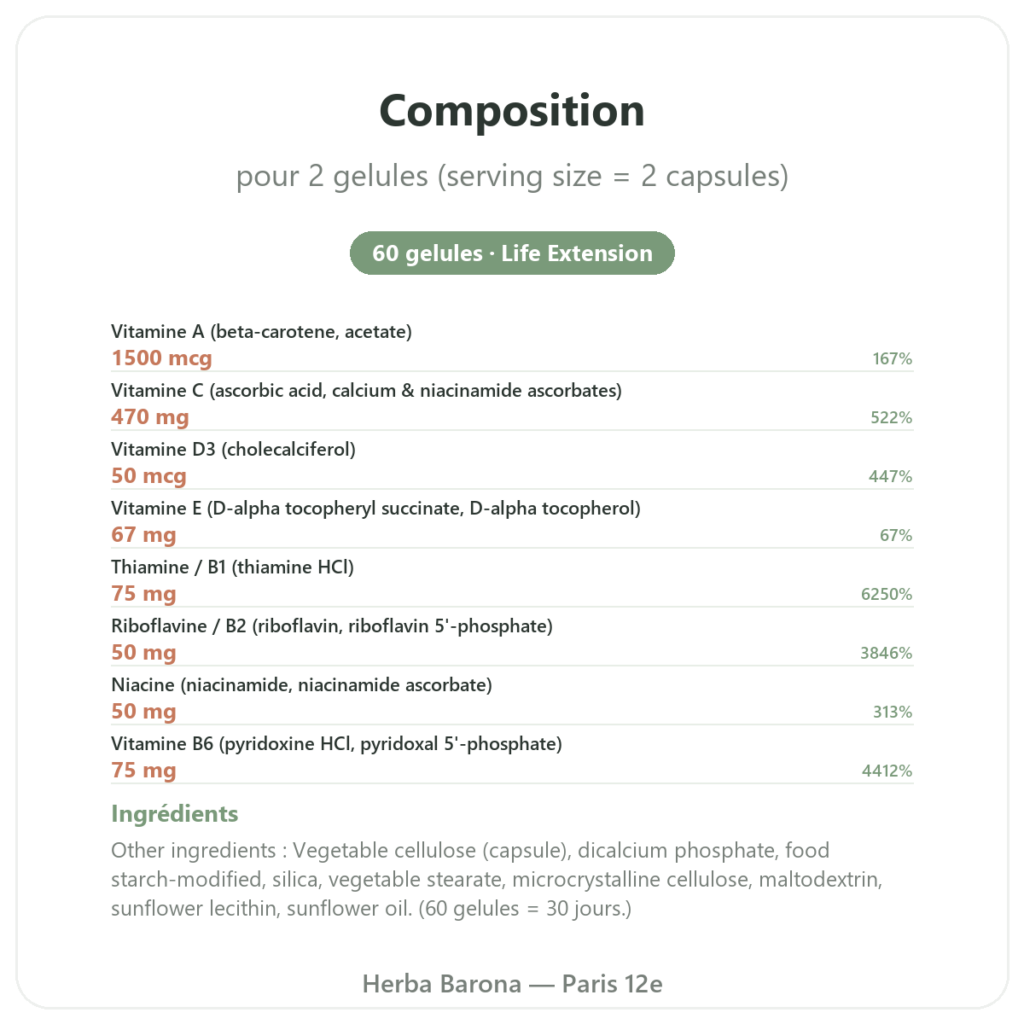 Two-Per-Day Multivitamines – Life Extension – 60 gélules composition valeurs nutritionnelles Paris Herba Barona