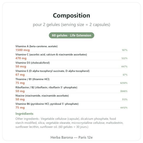 Two-Per-Day Multivitamines – Life Extension – 60 gélules composition valeurs nutritionnelles Paris Herba Barona