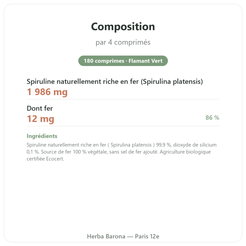 VEGIFER Flamant vert 180 comprimes spiruline fer composition valeurs nutritionnelles Paris Herba Barona