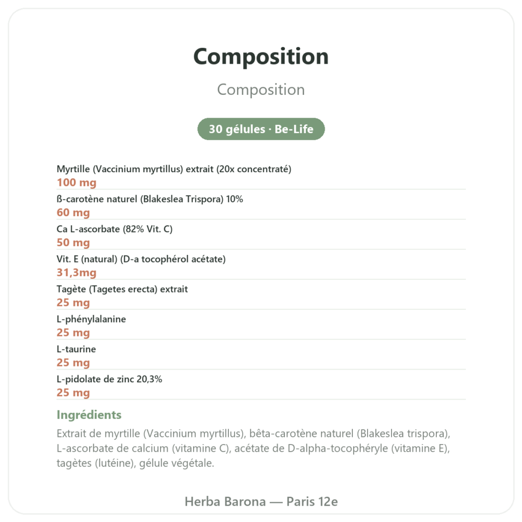 Vilux 24 – Be-Life – 30 gélules – Confort visuel composition valeurs nutritionnelles Paris Herba Barona