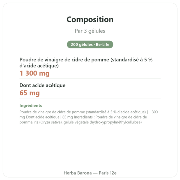 Vinaigre de Cidre – Be-Life – 200 gélules composition valeurs nutritionnelles Paris Herba Barona