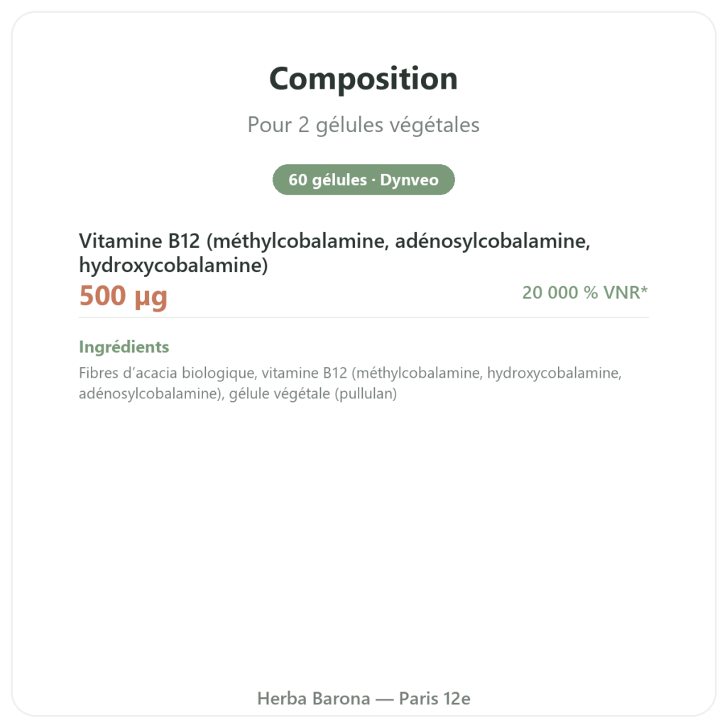 Vitamine B12 Dynveo 60 gélules 250ug 3 formes actives composition valeurs nutritionnelles Paris Herba Barona