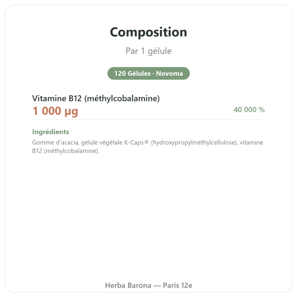 Vitamine B12 Méthylcobalamine – Novoma – 120 Gélules composition valeurs nutritionnelles Paris Herba Barona
