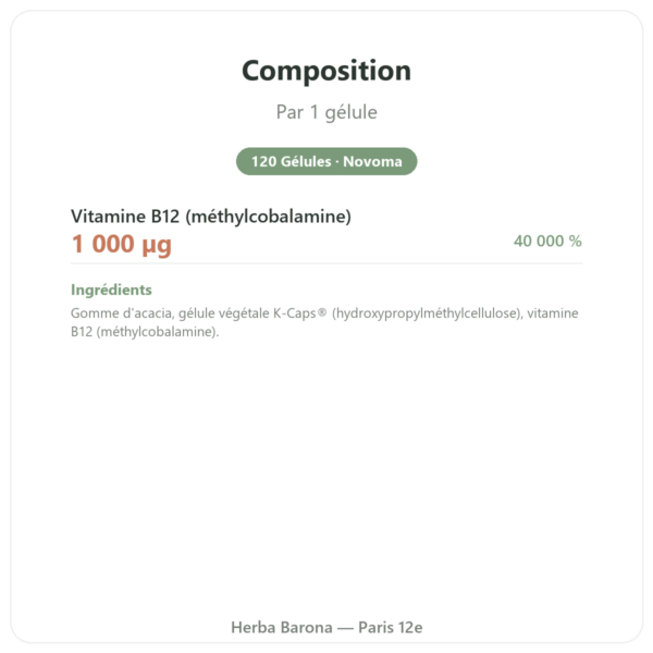 Vitamine B12 Méthylcobalamine – Novoma – 120 Gélules composition valeurs nutritionnelles Paris Herba Barona