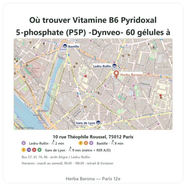 Ou trouver Vitamine B6 Pyridoxal 5-phosphate (P5P) -Dynveo- 60 gélules a Paris - plan boutique Herba Barona Paris 12e