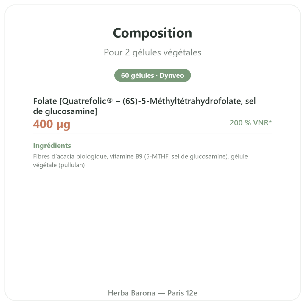Vitamine B9 Quatrefolic Dynveo 200 ug 60 gélules composition valeurs nutritionnelles Paris Herba Barona