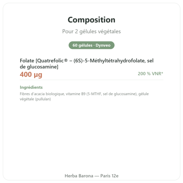Vitamine B9 Quatrefolic Dynveo 200 ug 60 gélules composition valeurs nutritionnelles Paris Herba Barona