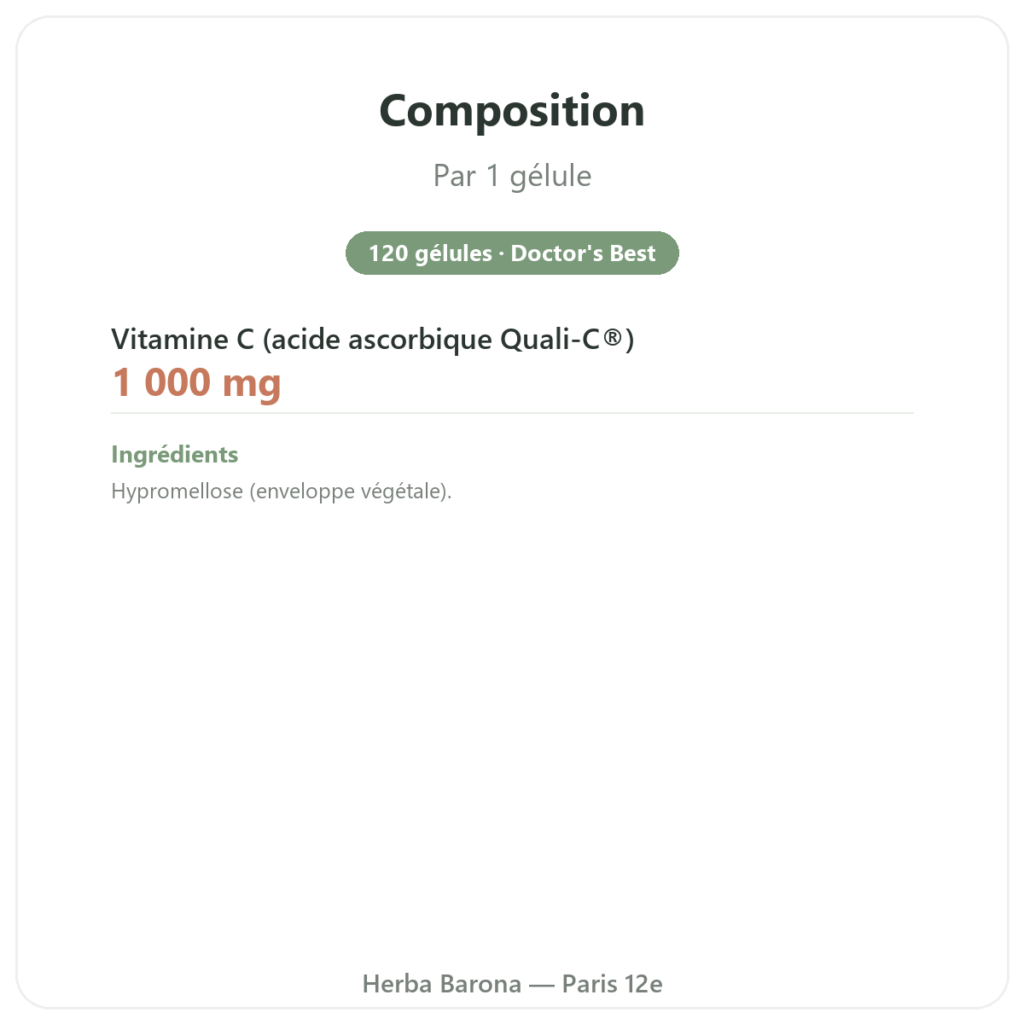 Vitamine C 1000mg Quali-C Doctor's Best 120 gélules composition valeurs nutritionnelles Paris Herba Barona