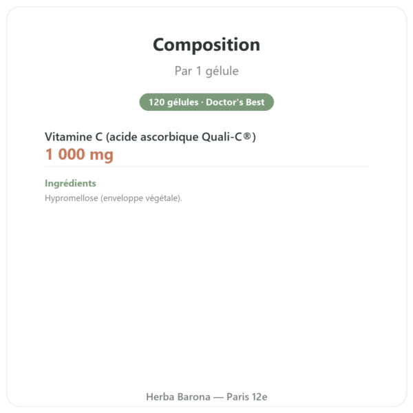 Vitamine C 1000mg Quali-C Doctor's Best 120 gélules composition valeurs nutritionnelles Paris Herba Barona