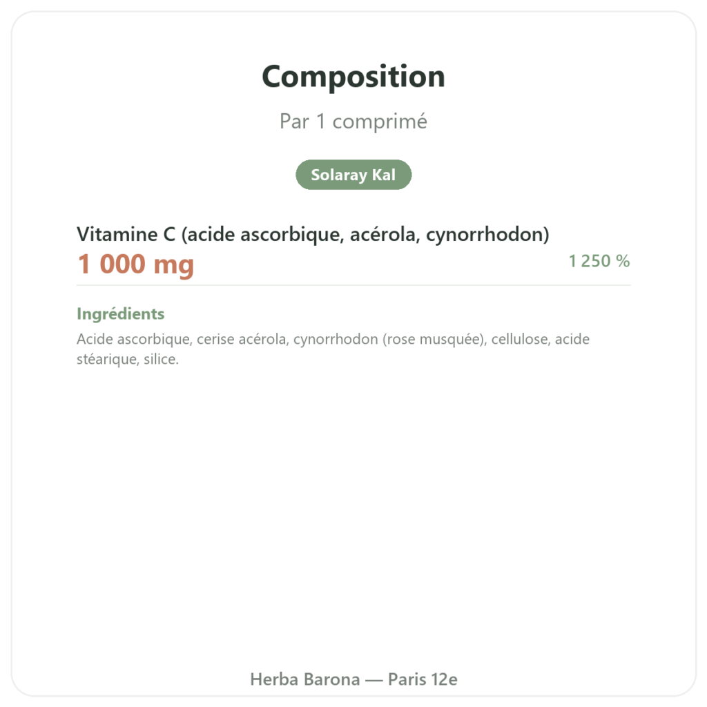 Vitamine C 1000mg Solaray action prolongée – 100 comp composition valeurs nutritionnelles Paris Herba Barona