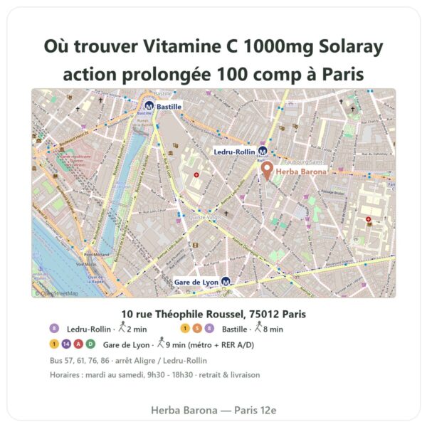 Ou trouver Vitamine C 1000mg Solaray action prolongée 100 comp a Paris - plan boutique Herba Barona Paris 12e