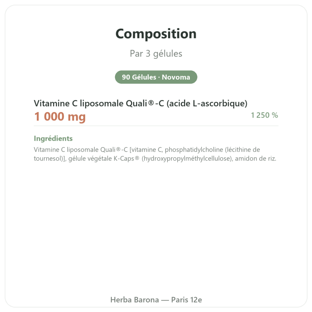 Vitamine C Liposomale 1000 mg 90 Gélules Novoma - Acheter composition valeurs nutritionnelles Paris Herba Barona