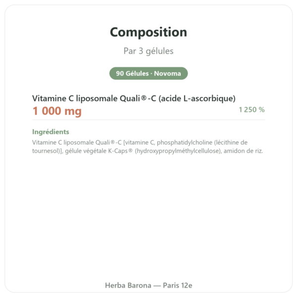 Vitamine C Liposomale 1000 mg 90 Gélules Novoma - Acheter composition valeurs nutritionnelles Paris Herba Barona