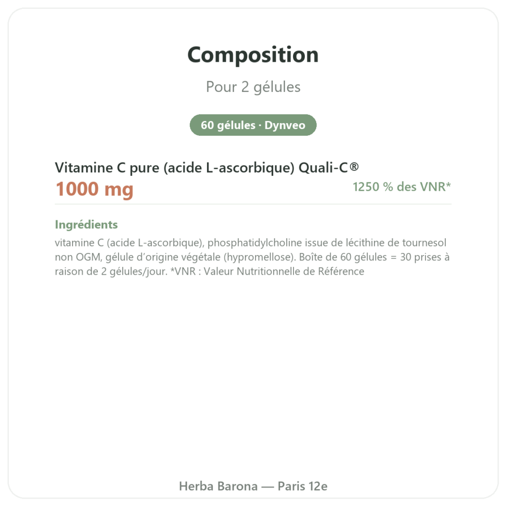 Vitamine C liposomale – 60 gélules – Dynveo composition valeurs nutritionnelles Paris Herba Barona