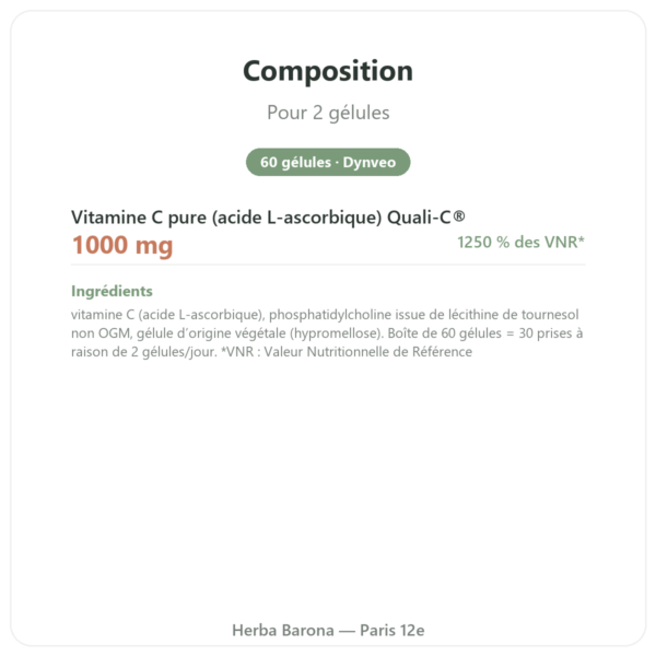 Vitamine C liposomale – 60 gélules – Dynveo composition valeurs nutritionnelles Paris Herba Barona