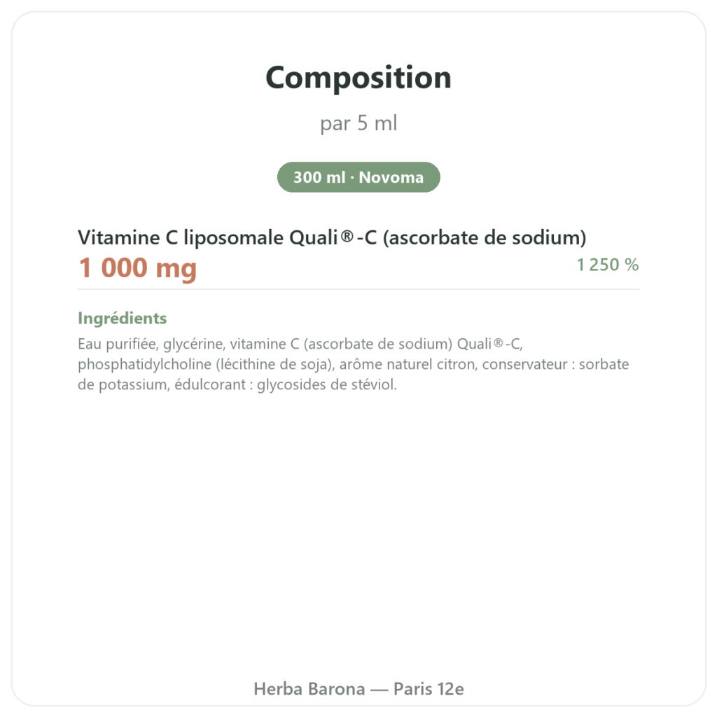 Vitamine C liposomale liquide – Novoma – 300ml composition valeurs nutritionnelles Paris Herba Barona