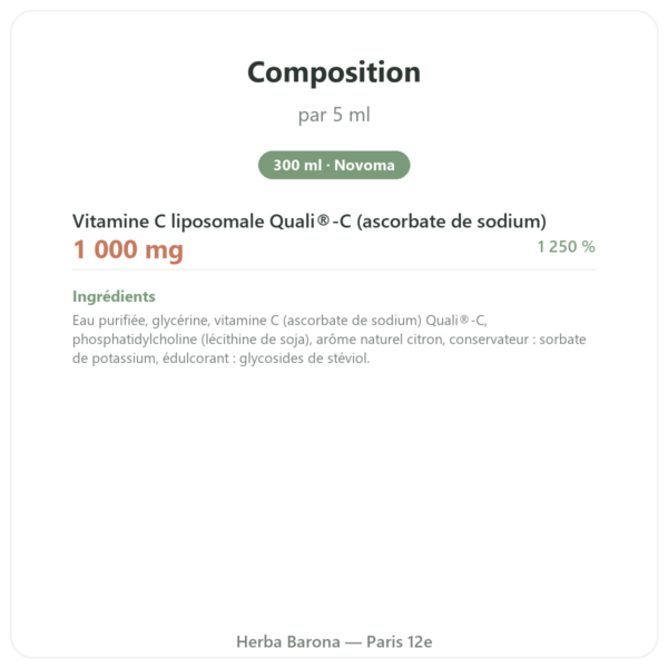 Vitamine C liposomale liquide – Novoma – 300ml composition valeurs nutritionnelles Paris Herba Barona