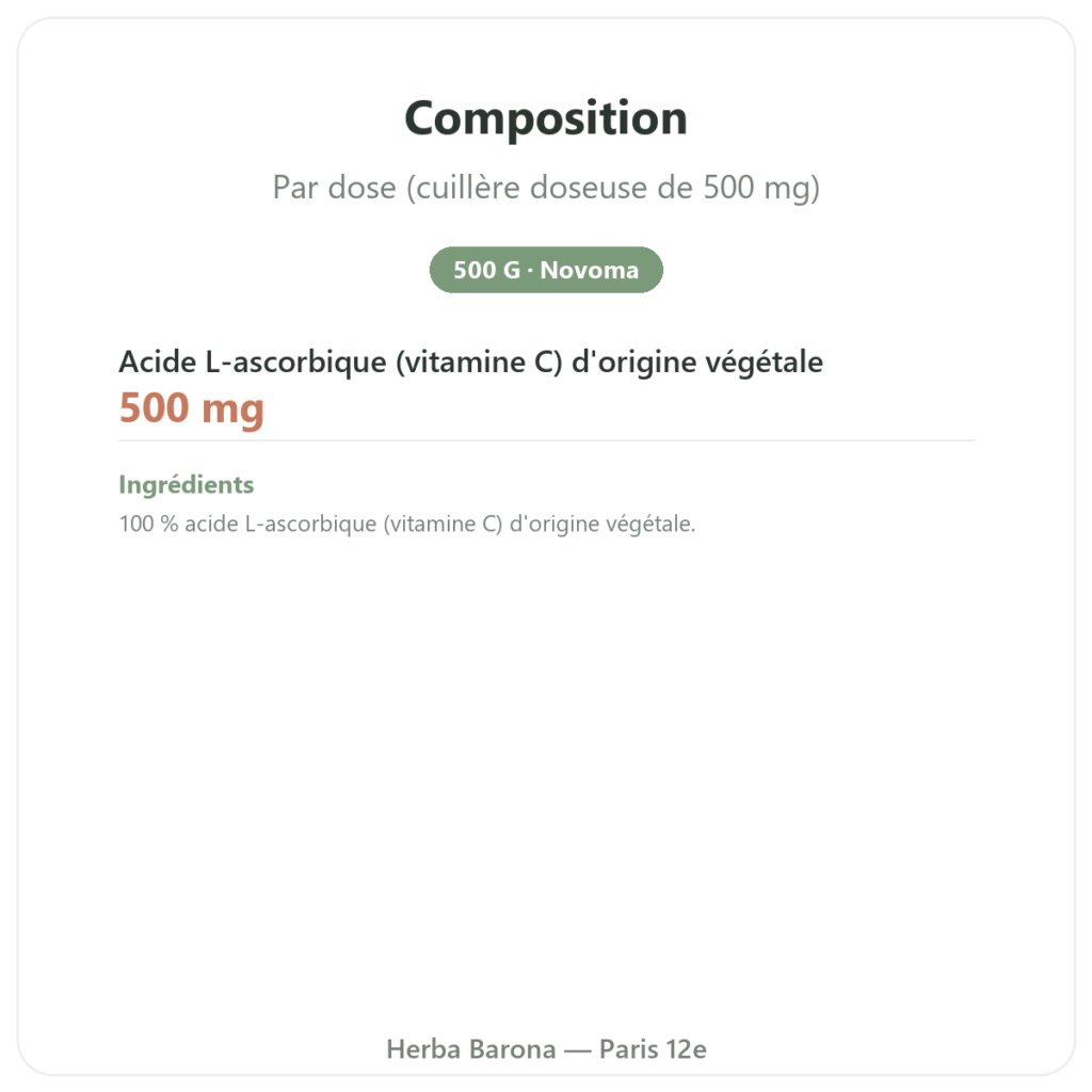 Vitamine C Poudre 500G Novoma composition valeurs nutritionnelles Paris Herba Barona