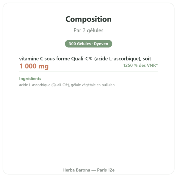 Vitamine C pure Quali-C – 500mg – Dynveo – 300 Gélules composition valeurs nutritionnelles Paris Herba Barona