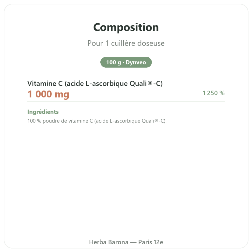 Vitamine C pure Quali®- C poudre 100 g – Dynveo composition valeurs nutritionnelles Paris Herba Barona