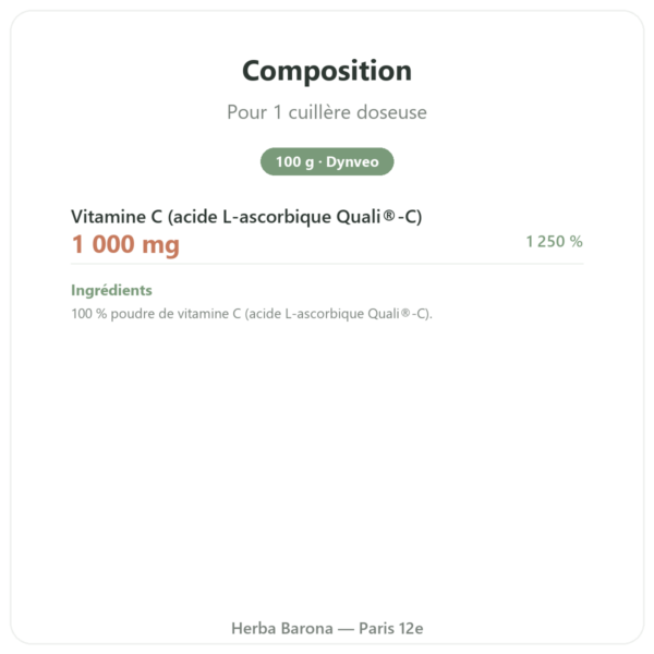 Vitamine C pure Quali®- C poudre 100 g – Dynveo composition valeurs nutritionnelles Paris Herba Barona