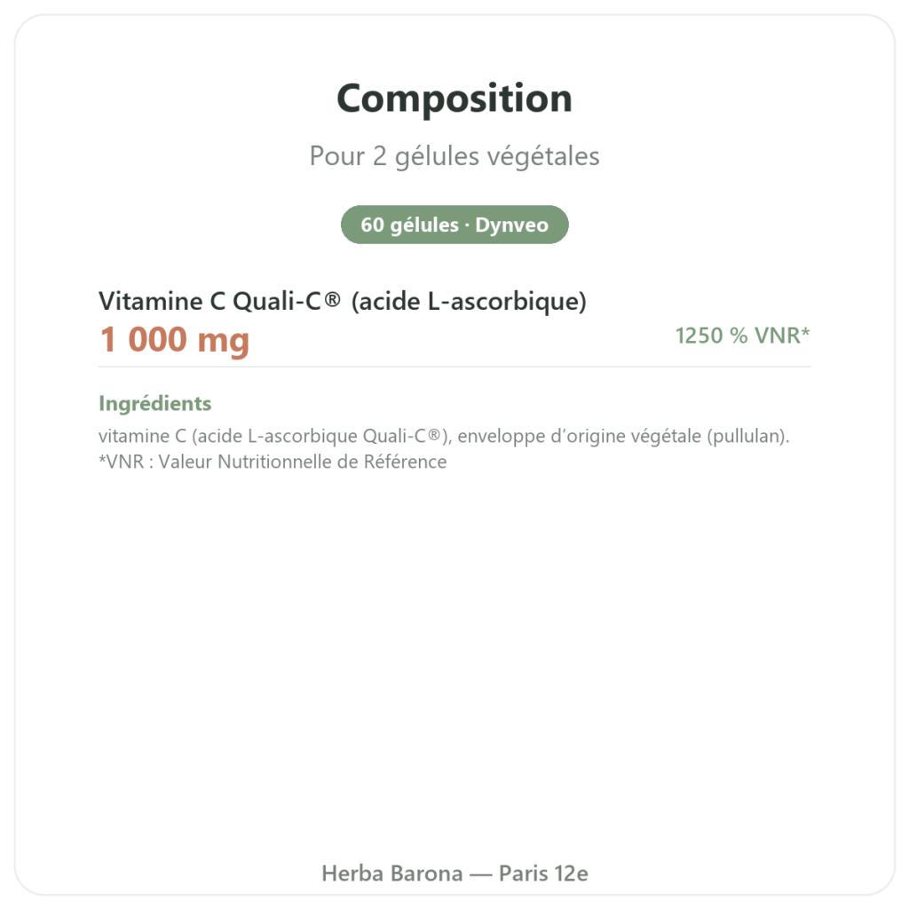 Vitamine C Quali®-C -Dynveo – 500mg – 60 gélules composition valeurs nutritionnelles Paris Herba Barona