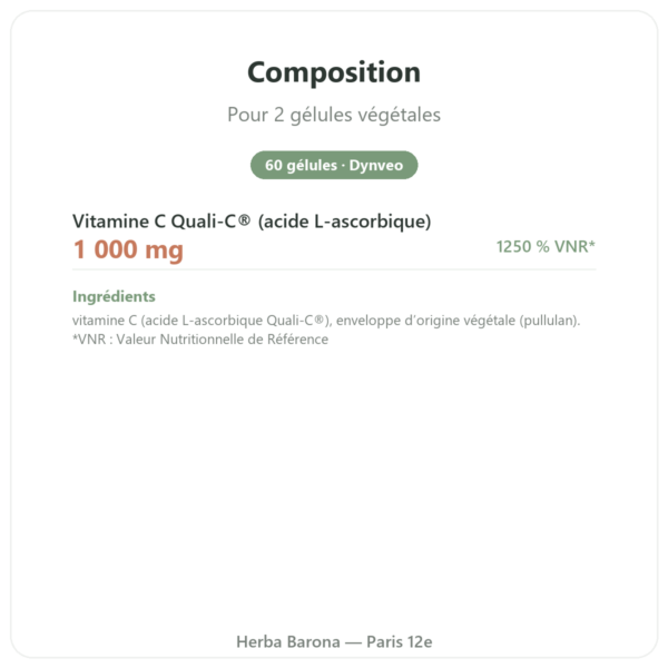 Vitamine C Quali®-C -Dynveo – 500mg – 60 gélules composition valeurs nutritionnelles Paris Herba Barona