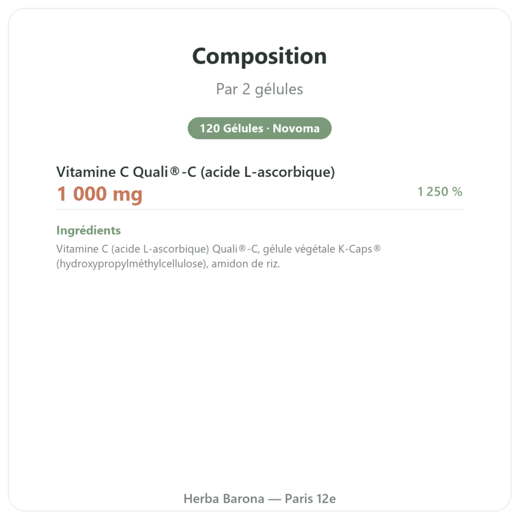Vitamine C Quali C – Novoma – 120 Gélules composition valeurs nutritionnelles Paris Herba Barona