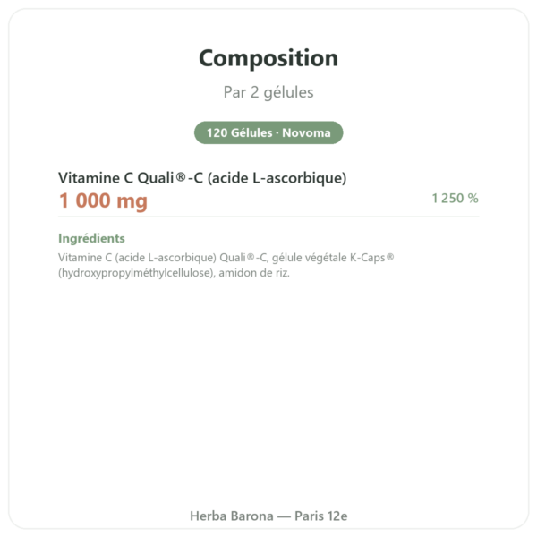 Vitamine C Quali C – Novoma – 120 Gélules composition valeurs nutritionnelles Paris Herba Barona