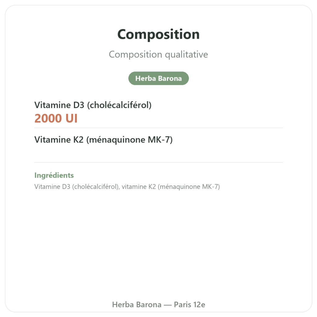 Vitamine D3 K2 FORTE – 2000 UI – DR. JACOB'S composition valeurs nutritionnelles Paris Herba Barona