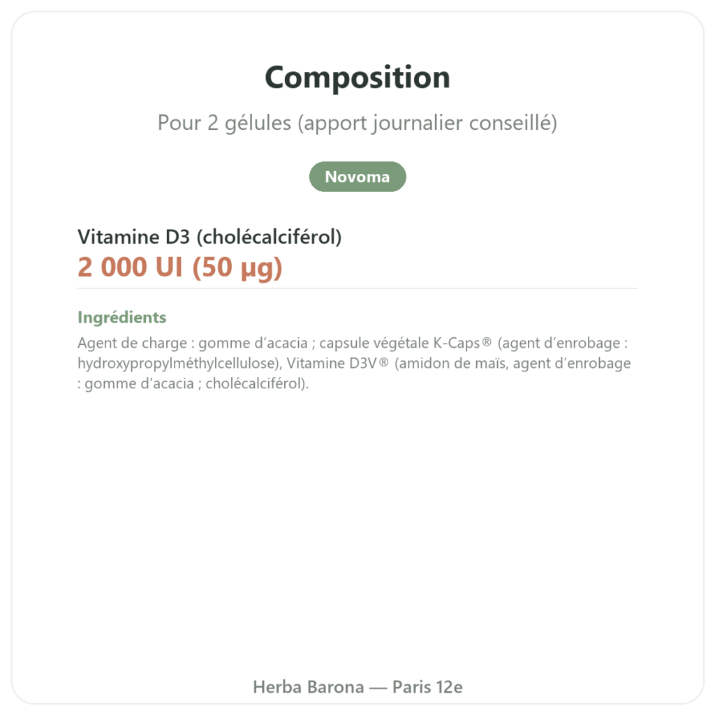 Vitamine D3 – Novoma composition valeurs nutritionnelles Paris Herba Barona