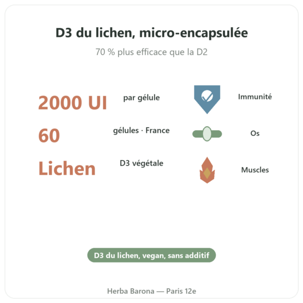 Vitamine D3 végétale Dynveo 2000 UI 60 gélules bienfaits et chiffres Paris Herba Barona