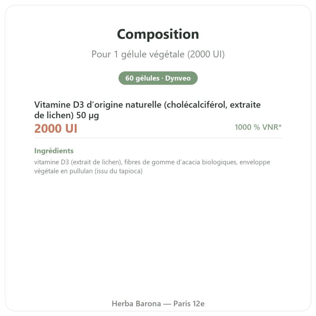 Vitamine D3 végétale Dynveo 2000 UI 60 gélules composition valeurs nutritionnelles Paris Herba Barona