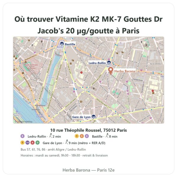 Ou trouver Vitamine K2 MK-7 Gouttes Dr Jacob's 20 µg/goutte a Paris - plan boutique Herba Barona Paris 12e
