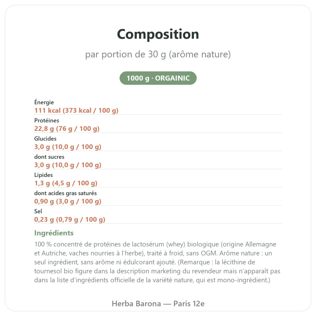 Whey Proteine Bio ORGANIC 1000g - Proteine bio composition valeurs nutritionnelles Paris Herba Barona
