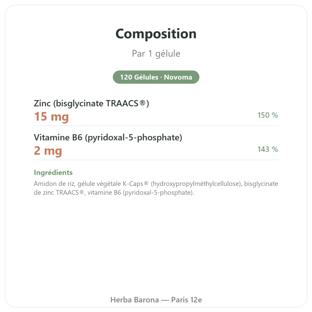 Zinc Bisglycinate – Novoma – 120 Gélules composition valeurs nutritionnelles Paris Herba Barona