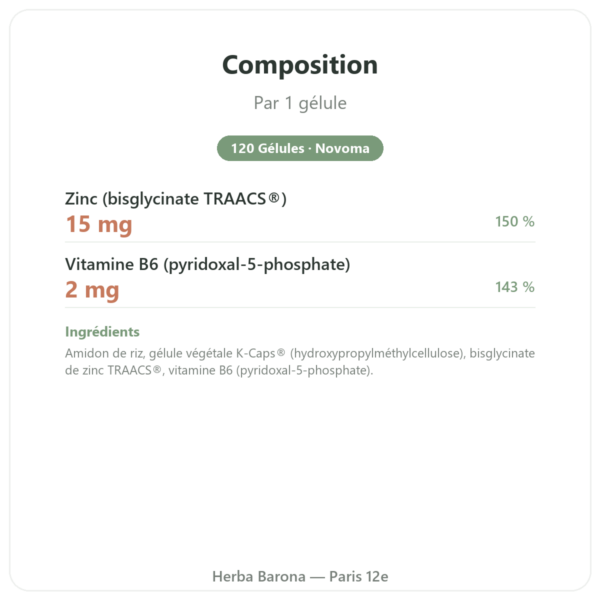 Zinc Bisglycinate – Novoma – 120 Gélules composition valeurs nutritionnelles Paris Herba Barona