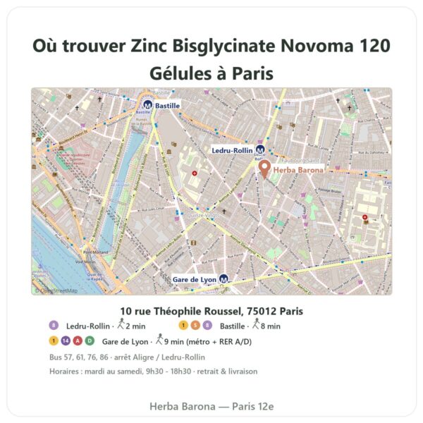 Ou trouver Zinc Bisglycinate Novoma 120 Gélules a Paris - plan boutique Herba Barona Paris 12e