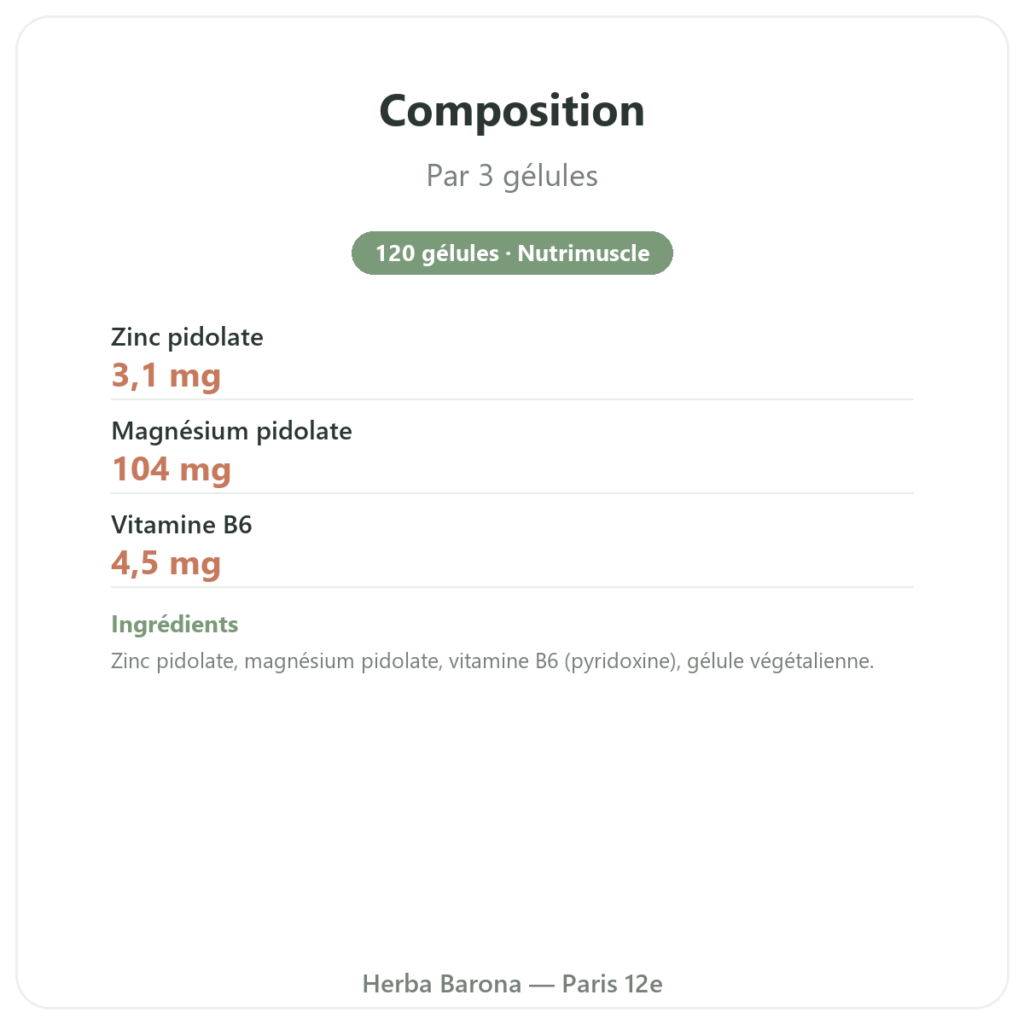 ZMB Pidolate – Nutrimuscle 120 gélules composition valeurs nutritionnelles Paris Herba Barona
